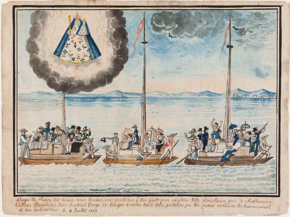 Ex-voto de Fribourgeois émigrant au Brésil, départ d'Estavayer en 1819, gouache et crayon sur papier © Musée d'art et d'histoire Fribourg Nova Friburgo Etavayer